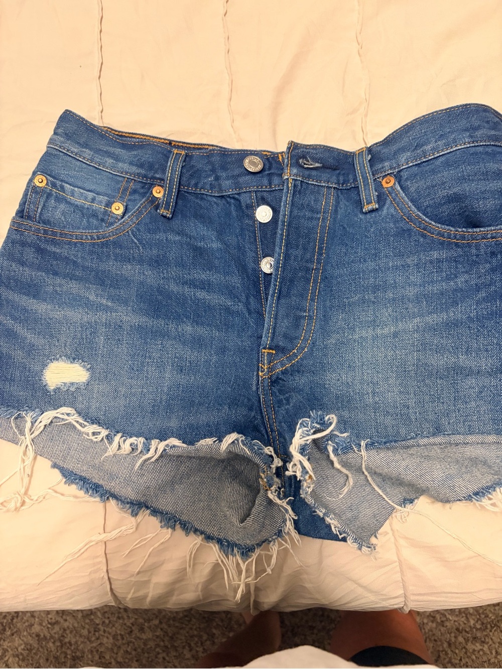 Levi's Medium Blue Distressed Roll-Hem Denim Shorts